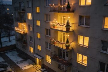 Balkony w bloku na warszawskim osiedlu ozdobione lampkami świątecznymi wieczorem.